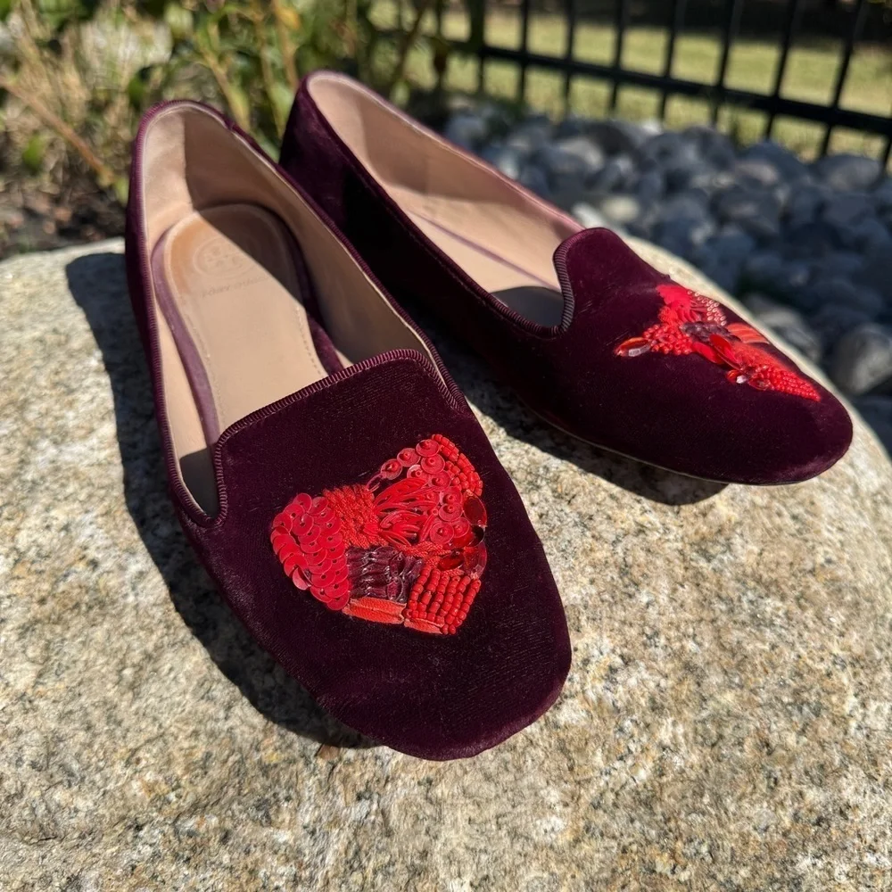 Tory Burch Women's Red Velvet Flats Size 8 Peace Bird Heart Sequins Casual